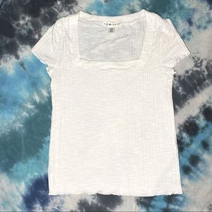 Ribbed White Tee with Square Neckline and Ruffled Edging